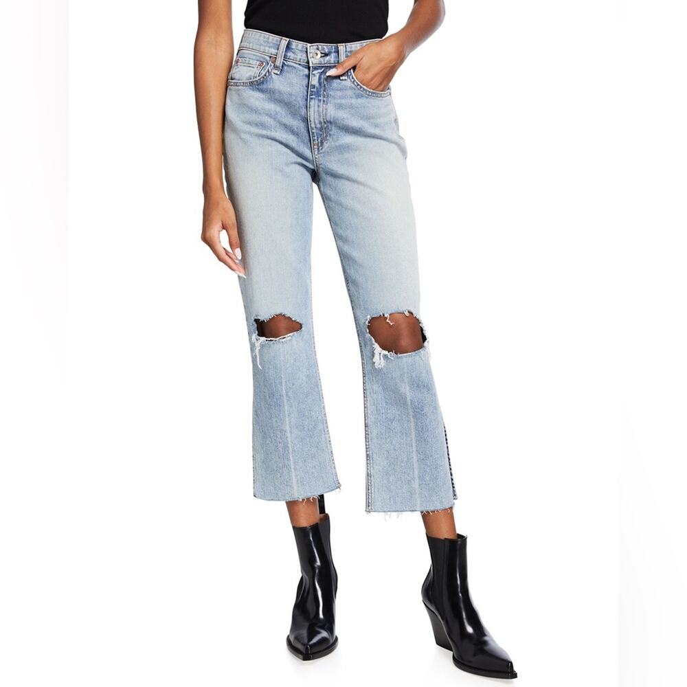NWT Rag & Bone Nina High Rise Ankle Flare Jeans w/ Slits in Stella w/ Holes 24